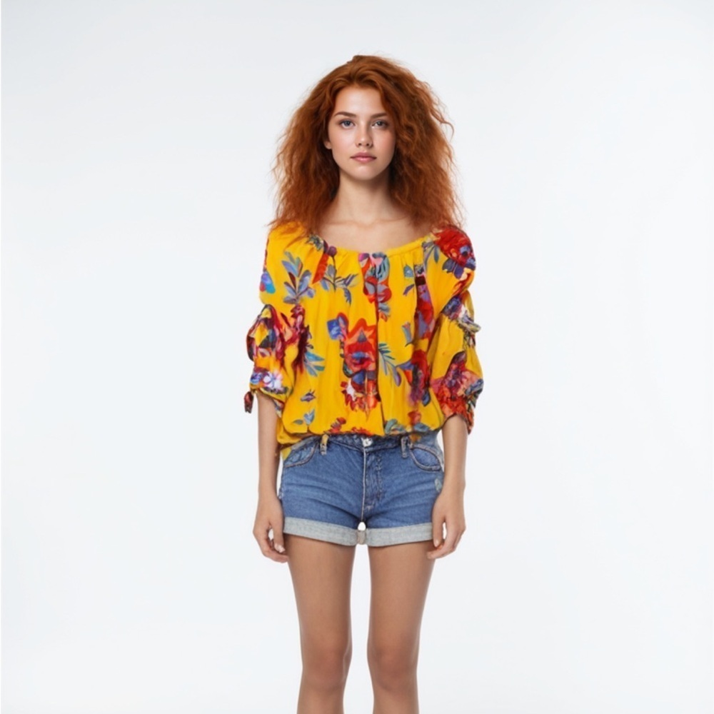 Cece Yellow Multi Gathered Tie Waist Floral 3/4 Sleeve Off Shoulder Top Sz M